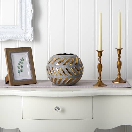 7" Regal Round Stone Vase with Gold Accents